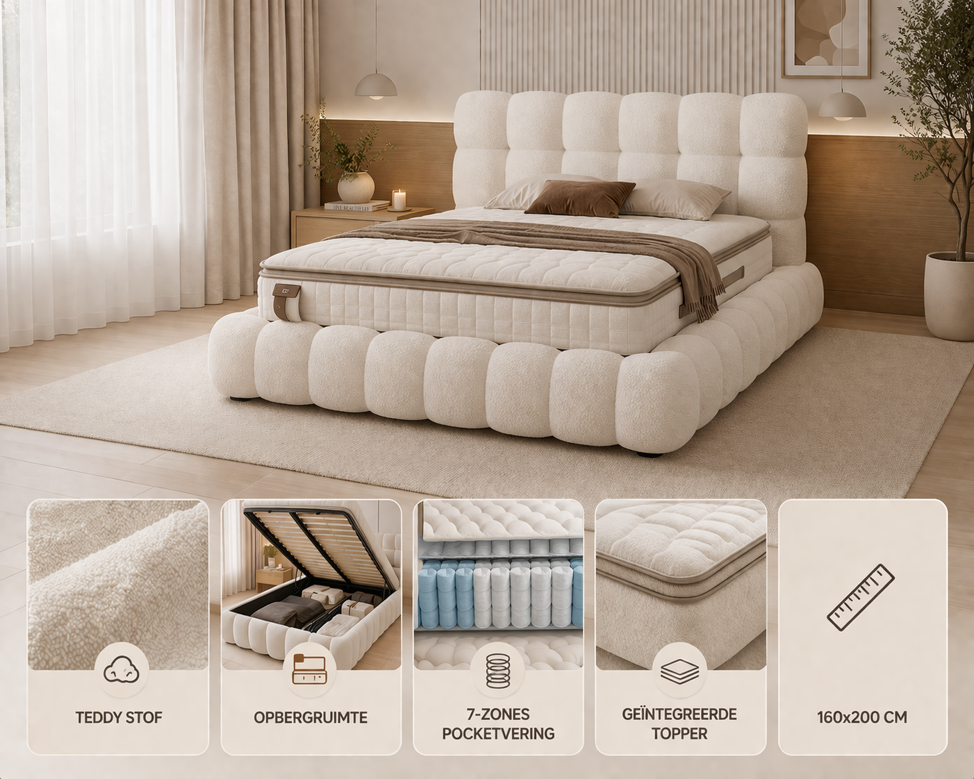 Bubble Bed 160x200 met Opbergruimte | Teddy Stof & 7-Zones Matras