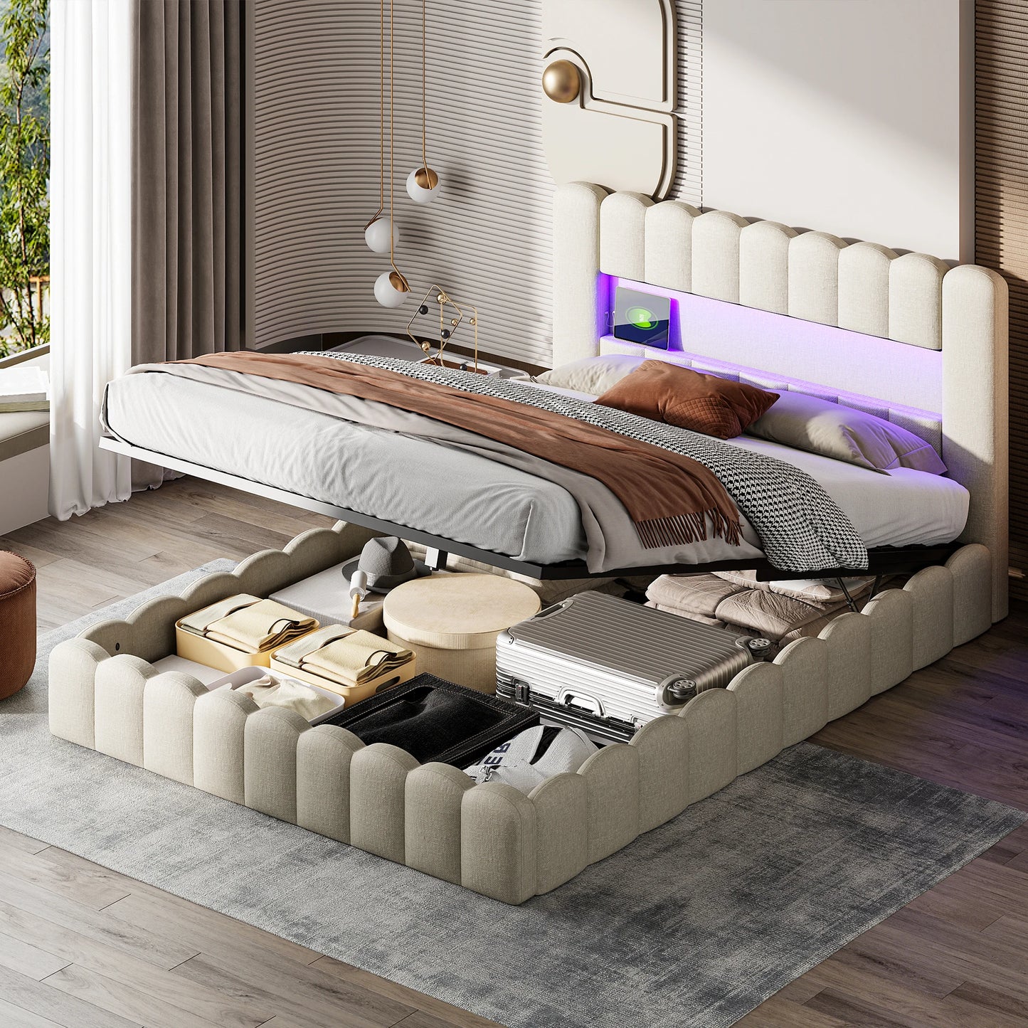 Peru Gestoffeerd Bed 180x200 cm met LED en USB met opbergruimte