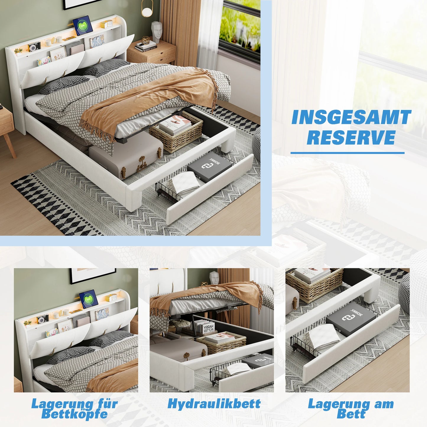 Luba bed met gasveer‑opslag