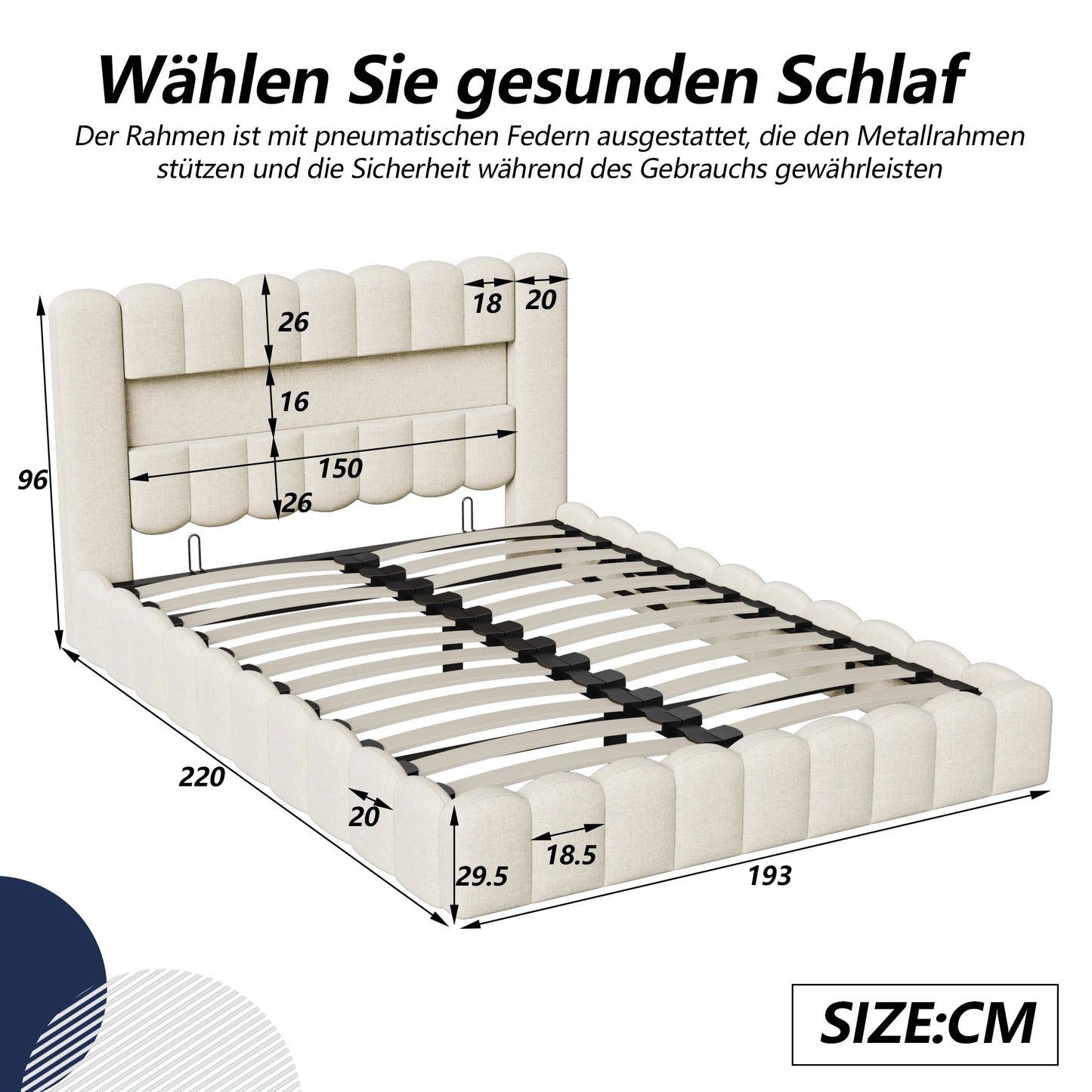Peru Gestoffeerd Bed 180x200 cm met LED en USB met opbergruimte