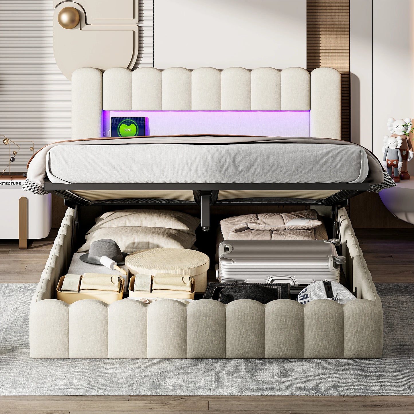 Peru Gestoffeerd Bed 180x200 cm met LED en USB met opbergruimte