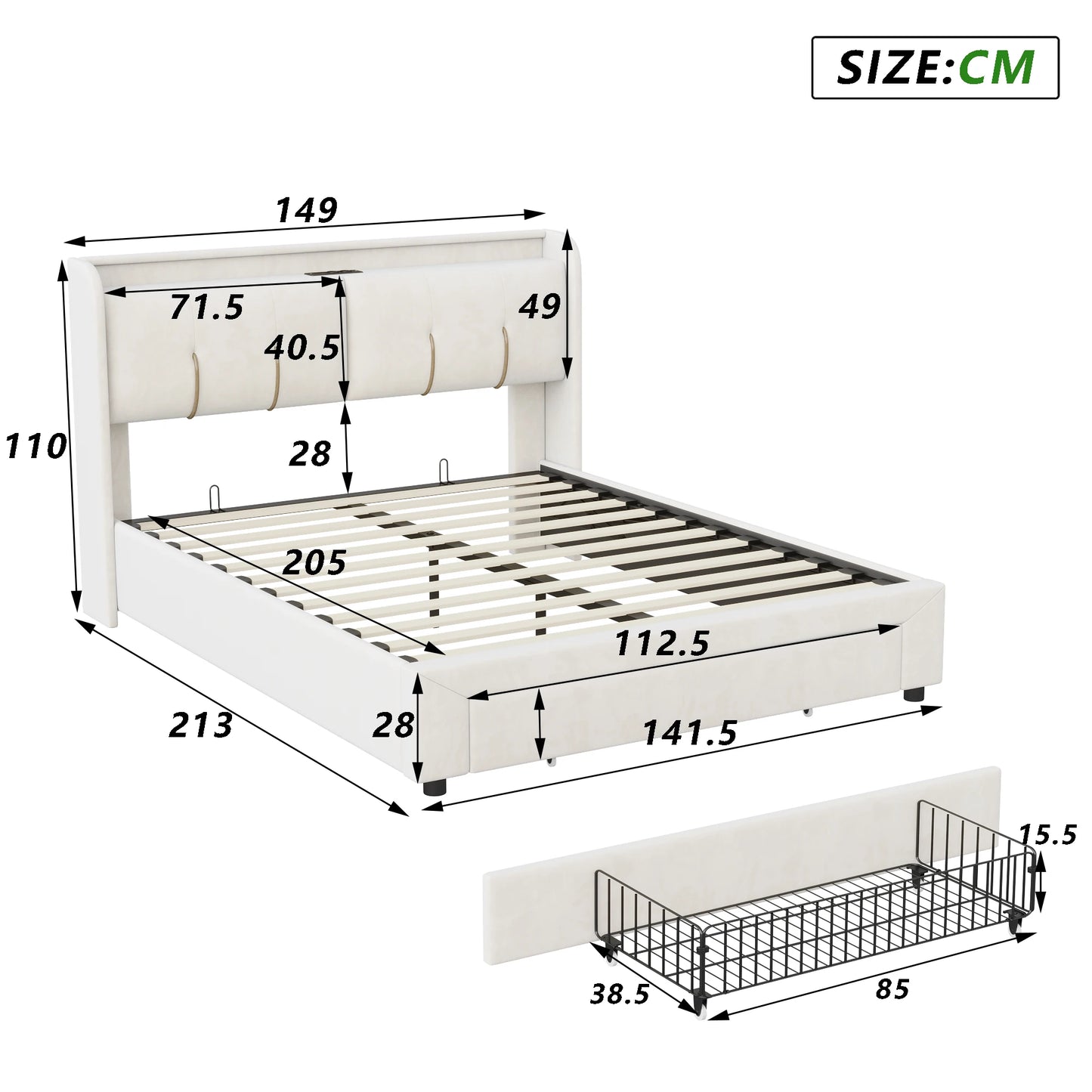 Luba bed met gasveer‑opslag