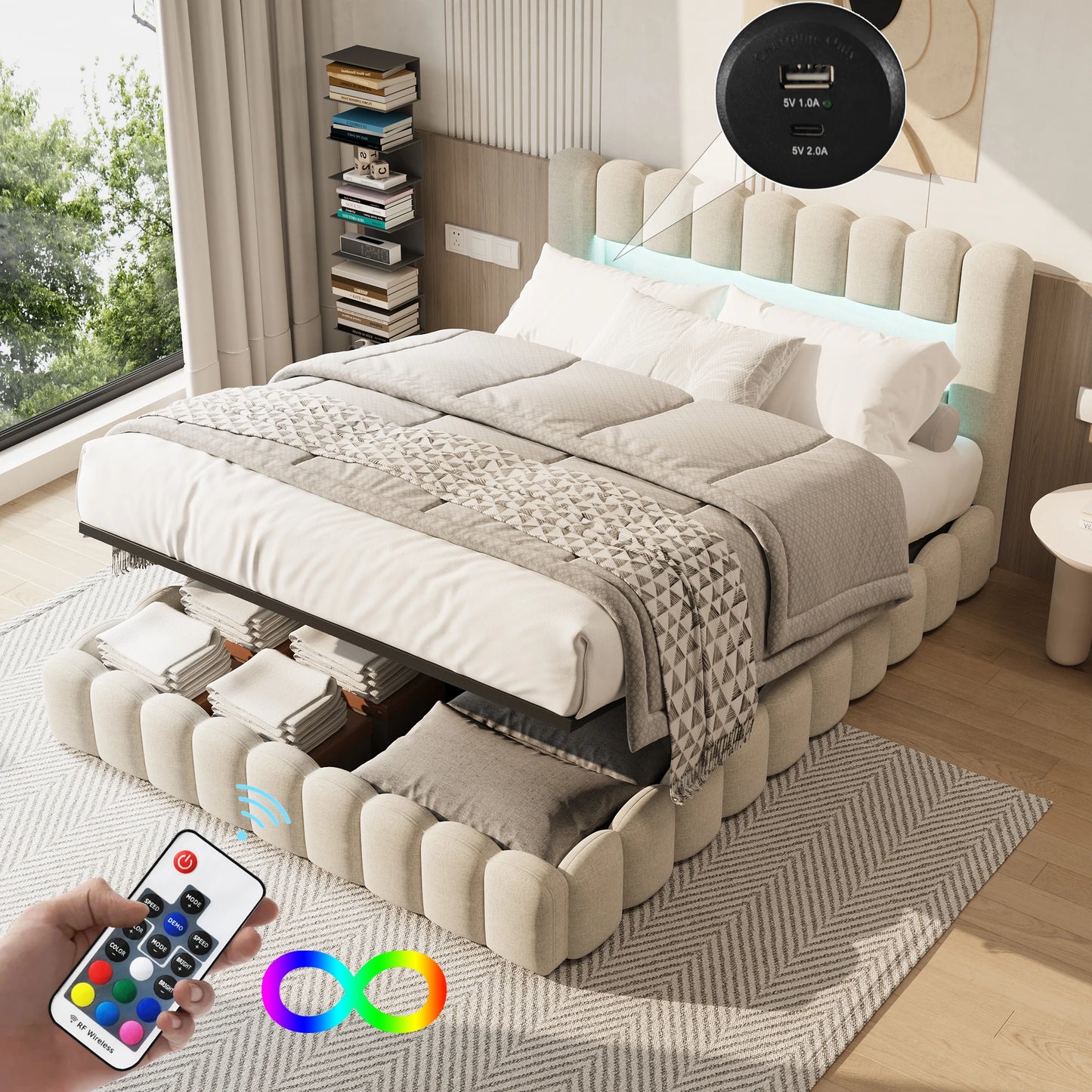 Peru Gestoffeerd Bed 180x200 cm met LED en USB met opbergruimte