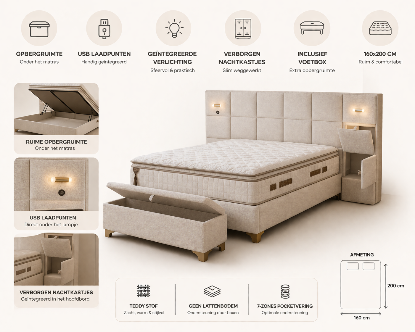 Luma Bed 160x200 met Opbergruimte & LED Verlichting | Modern Design