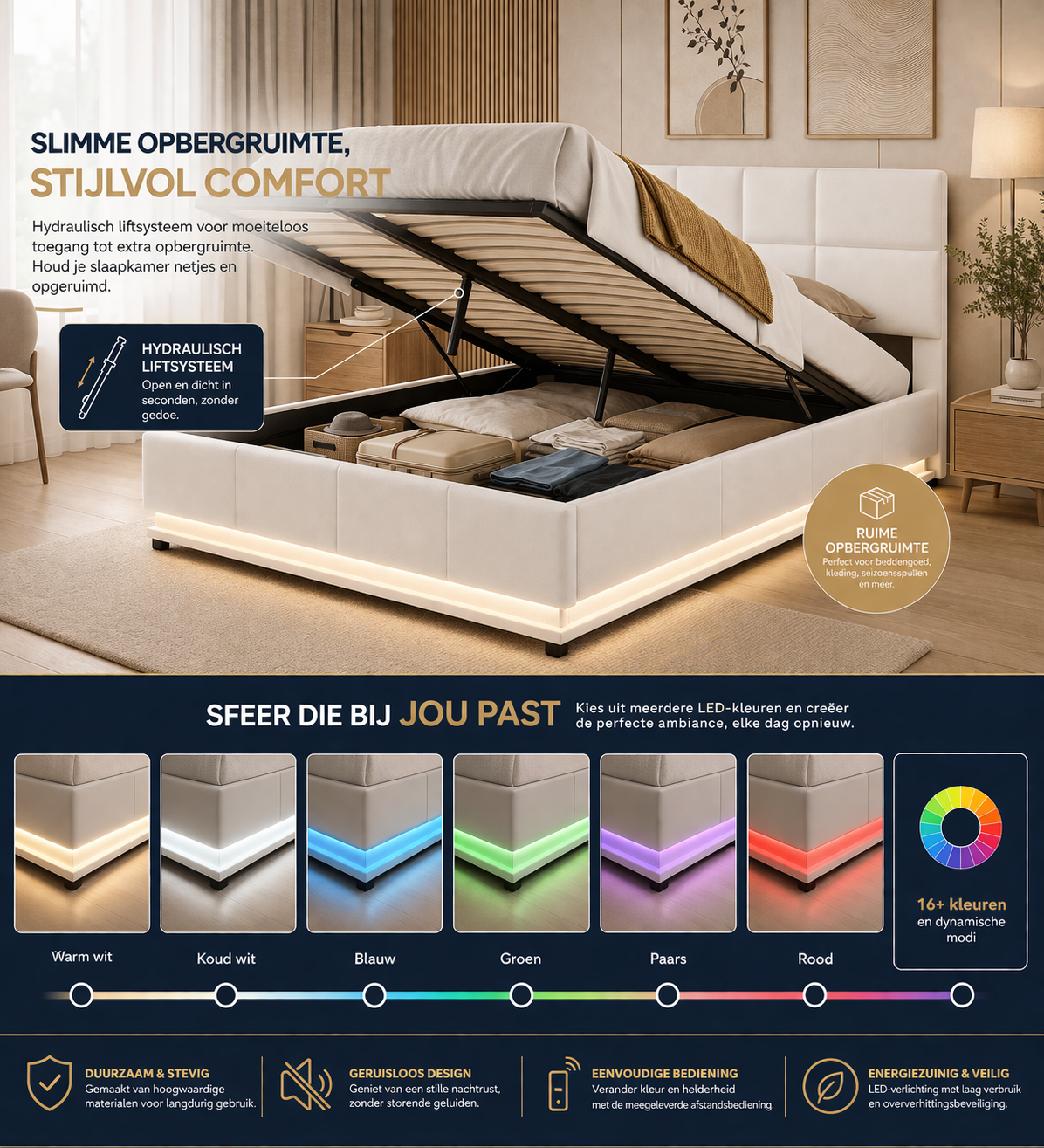 Lomi opbergbed met LED‑strip
