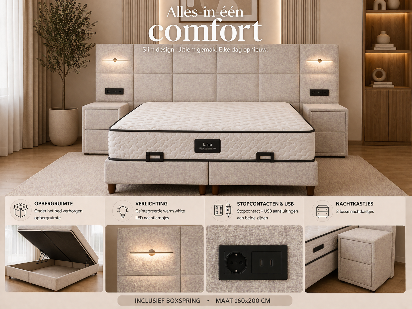 Belek Boxspring 160x200 met Opbergruimte, LED & USB | Luxe Teddy Bed