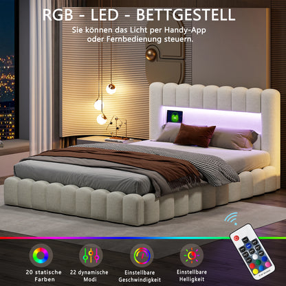 Peru Gestoffeerd Bed 180x200 cm met LED en USB met opbergruimte